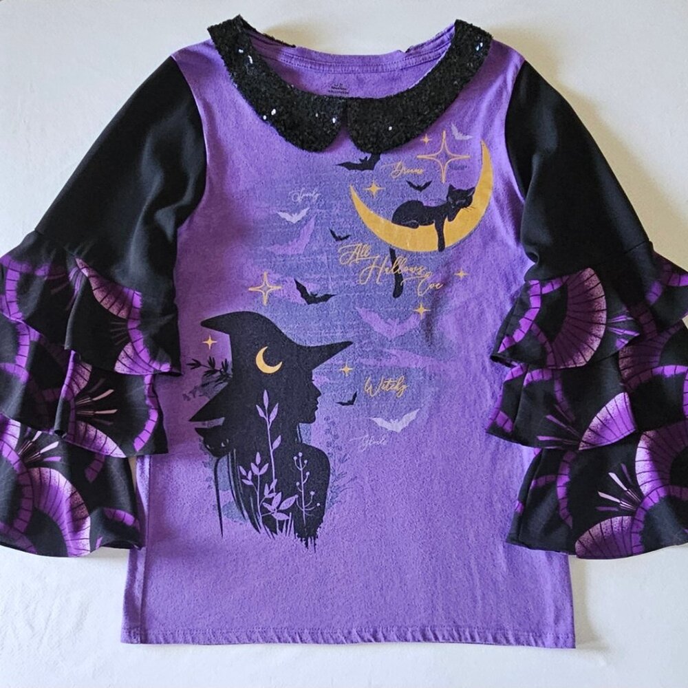 Halloween Witch Black Cat Upcycled Top Women's Size L - Picture 6 of 6